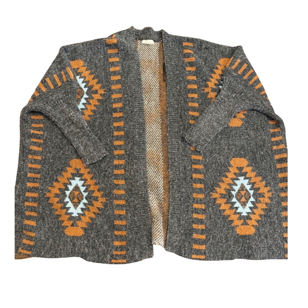 Debut Southwest Aztec‎ Knit Cardigan Gray Rust Blue Open Front Cozy Sweater S/M
